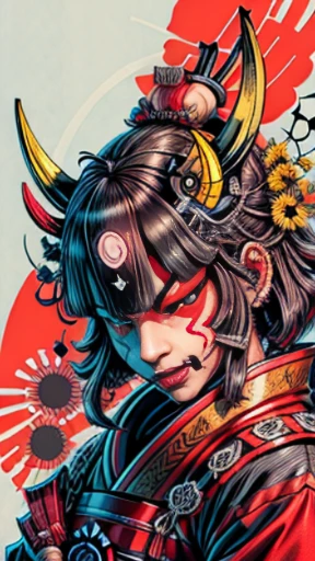 Samurai hannya mask style, retrato de mujer de ojos amarillos, cabello corto negro, usando un casco samurai Japanese,  ilustrador， obra maestra， alta calidad， 8k， A high resolution， alto detalle， Japanese， Samurai，foto de medio cuerpo
