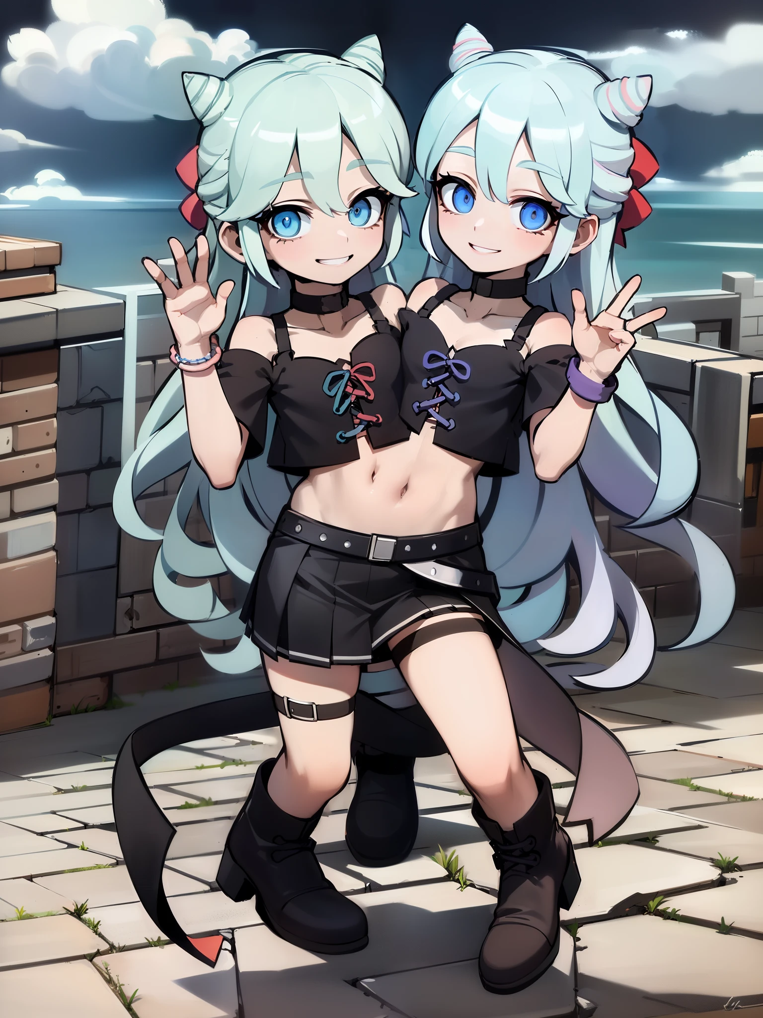 (2heads:1.5), masterpiece, best quality, rosado, otoko no ko, cone hair buns, hair bow, black crop top, wristband, black skirt, single thighhigh, looking at viewer, cowboy shot, smile, pastel colors, clouds, sky, cobblestones, dynamic pose, masterpiece, high quality, absurdres