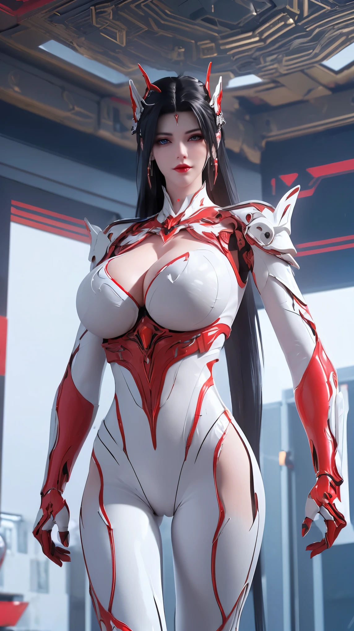UPPER BODY,CLOSE UP HALF BODY,SOLO,(BEAUTY BLACK HAIRSTYLE,MECHA PHOENIX HELMET), (HUGE FAKE BREASTS,CLEAVAGE,MUSCLE ABS:1.5), ((WEAR RED,WHITE MODERN FUTURISTIC MECHA SKINTIGHT BODYSUIT:1.5)),(NSFW SLENDER BODY MATURE WOMAN:1.5), (SWEATY GLOSSY BODY:1.5), (LOOKING AT VIEWER:1.3),(HALLROOM OF FUTURISTIC SPACE STATION:1), (PHOTOREALSITIC:1.4), (ULTRA-DETAILLIERT), (TOP-QUALITY), (BEST SHADOWS), (MASTERPIECE), BRIGHT LIGHT IN ROOM, HYPER TEXTURE, (4X MSAA), ((UNREAL ENGINE 5 RENDER)), PHYSICALLY-BASED RENDERING, ULTRA HIGHT DEFINITION, 16K, 1080P.
