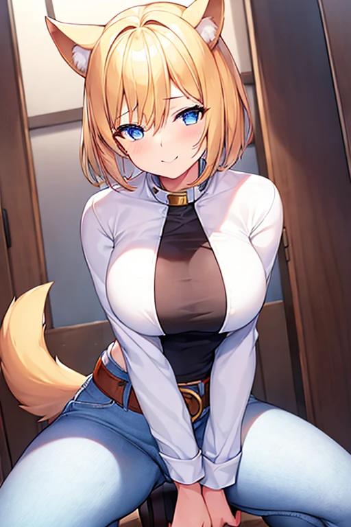 1girl, dog ears, large breasts, breasts, wide hips, white shirt, blonde hair, very short hair, dog tail, light smile, blue eyes, jeans, pants, belt, impossible clothes, spread legs, squating, orange sleeves, long sleeves