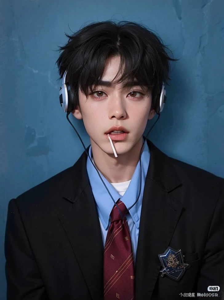 arafed asian man with headphones and a cigarette in his mouth, yanjun chengt, kim doyoung, cai xukun, inspirado en Yanjun Cheng, cuchilla del grupo de drenaje, Jinyoung Shin, handsome japanese demon boy, pintar ulzzang, como personaje de anime, Jinyoung Shin aesthetic, inspirado en Bian Shoumin, TaeJune Kim, Jung Jaehyun