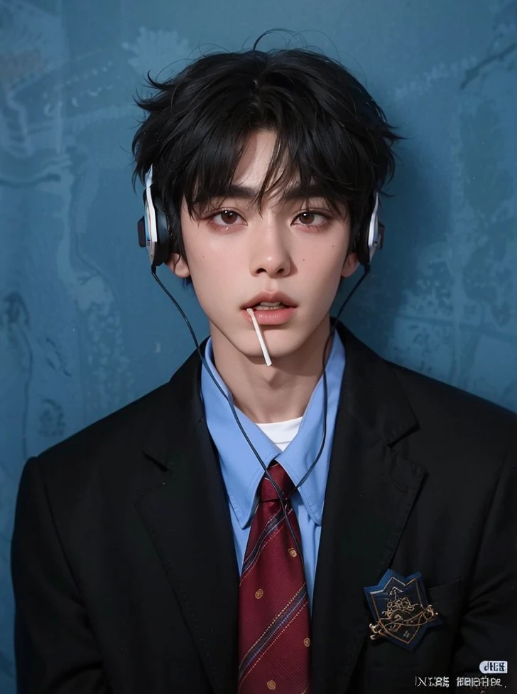 arafed asian man with headphones and a cigarette in his mouth, yanjun chengt, kim doyoung, cai xukun, inspirado en Yanjun Cheng, cuchilla del grupo de drenaje, Jinyoung Shin, handsome japanese demon boy, pintar ulzzang, como personaje de anime, Jinyoung Shin aesthetic, inspirado en Bian Shoumin, TaeJune Kim, Jung Jaehyun