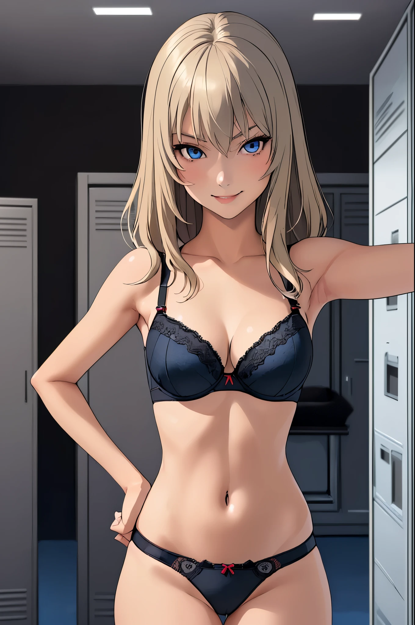 masterpiece, best quality, Itsumi Erika, 1girl, ashen blonde hair, blue eyes, solo, medium breasts, sexy black underwear, black panties, black bra, standing frontally to the viewer, pov, looking at viewer, whole body can be seen, seductive smile, locker room, detailed hands, five fingers