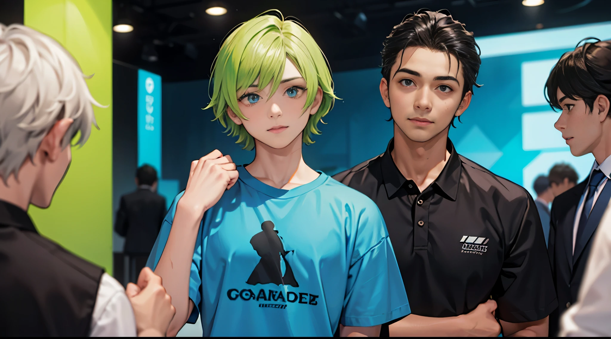 Un grupo de adolescentes todos visten camiseta azul sencilla estan hablando preocupados en el salon de clases, hablan en secreto y preocupado con sus amigos sobre algo importante un plan para el futuro sobre unos planes sobre algo que sucedera tienen temor es secreto, visten camiseta de color azul de escuela azul , sus cabellos son verdes y sus ojos verdes