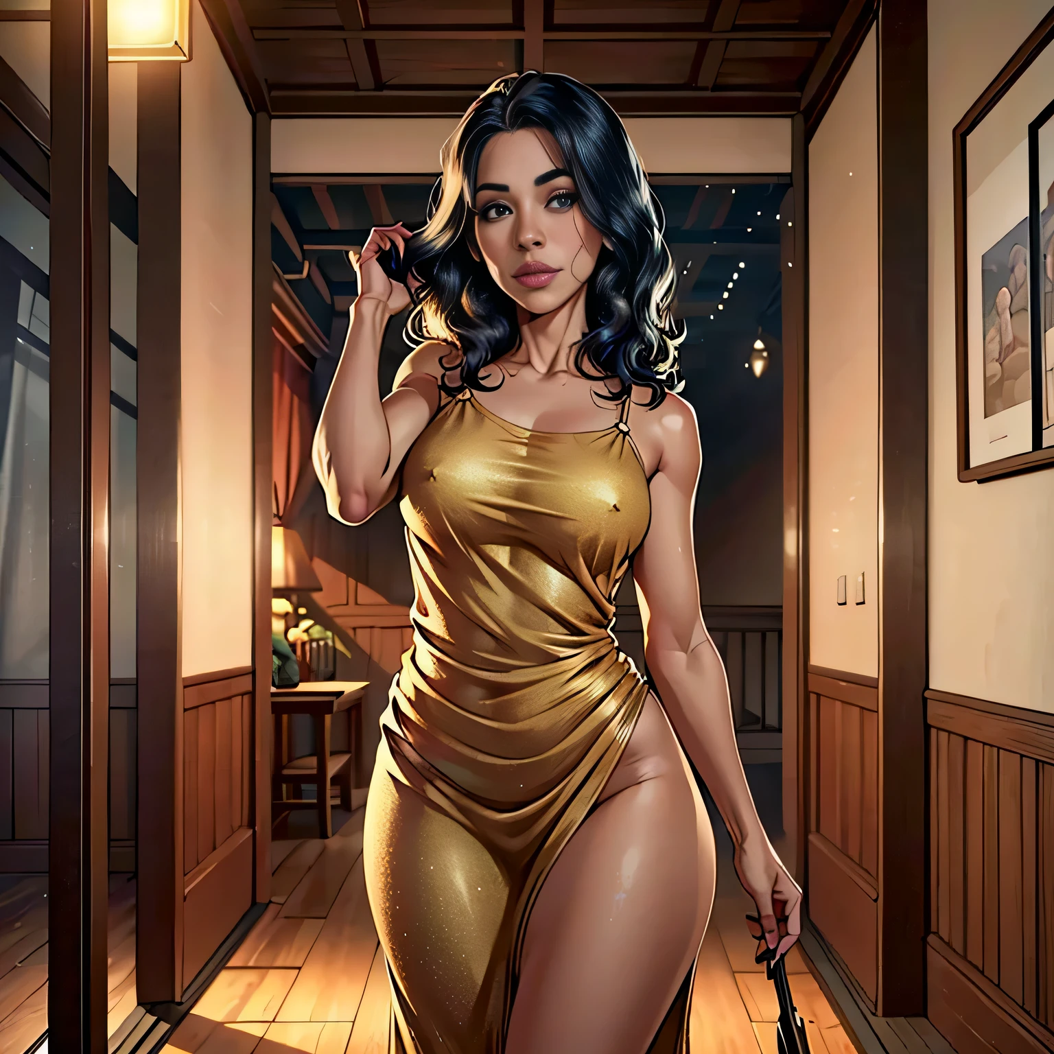 (melhor qualidade, realista), 40 anos , olhos detalhados, Detailed lips, cabelo castanho, cheio, se vestindo, , standing, sala, ambiente aconchegante, soft lighting, Ambiente tranquilo, vista corpo todo,