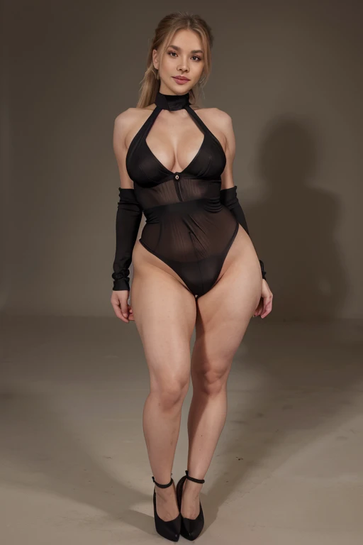 (full body view: 1.4), long blonde ponytail hair, long eyelashes, big eyes, small nose, earrings, red lips, smiling, slender body, thick body, Height 1.7 meters, (Hide all breasts and belly), (Beautiful medium perky Breasts: 1.4), thin waist, small torso, (wide hips: 1.4), (big butt: 1.2), (thick legs: 1.7), ((black teddy bodysuit with halter, black stockings, round toe pumps)), seductive posing