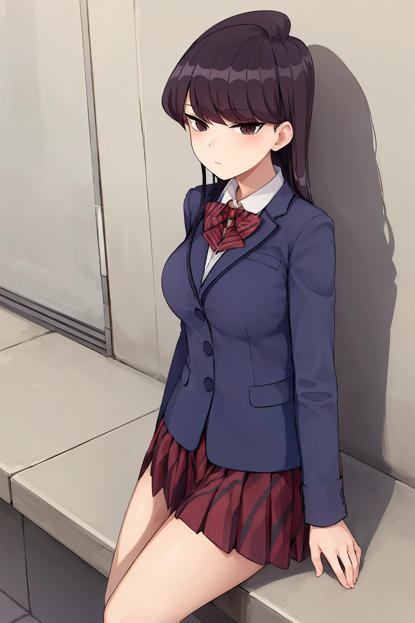 masterpiece, best quality, 1girl, solo, komi-san wa komyushou desu, school uniform, skirt, shirt, sitting, looking at viewer, street, wall, cowboy shot