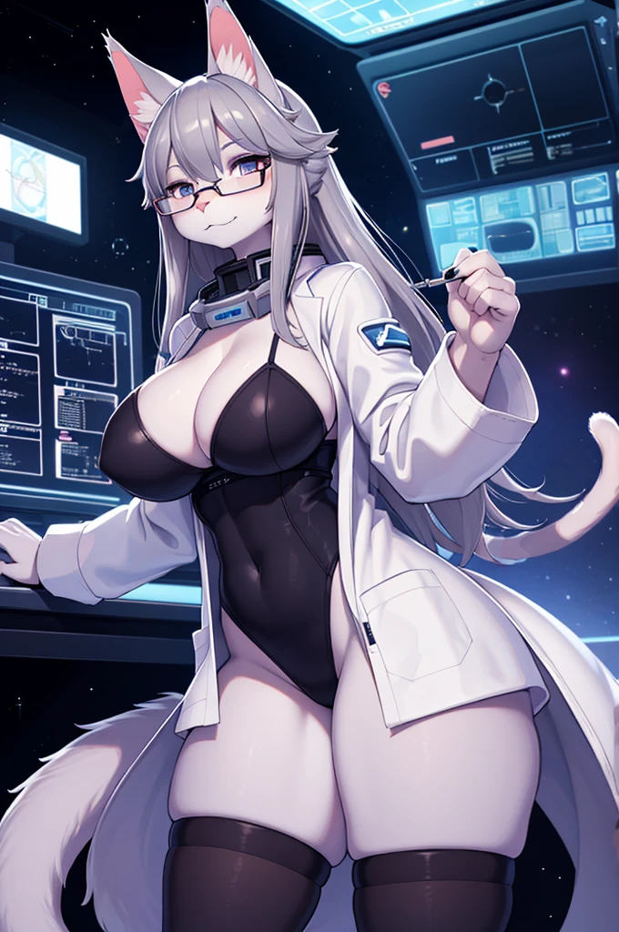 (masterpiece:1.2)(high quality)(best quality) 1girl,huge breasts,cat,anthro,animal ears,tail,gray hair,thigh highs,white lab coat,futuristic space station,laboratory,glasses