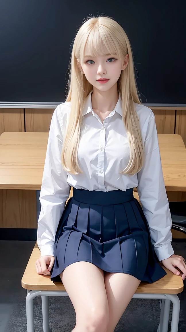 (Girl sitting on classroom chair,crossedlegs)、porate、bright expression、young and shiny white shiny skin、Best Looks、ultimate beauty girl、The most beautiful platinum blonde hair in the world、Shiny light hair,、Super long silky straight hair、Beautiful bangs that shine、Sparkling crystal clear and charming blue eyes、Very nice and lovely girl、Medium bust、(Uniform dark blue flared skirt)、(up skirt)、((No bra))((Hide with both hands,))