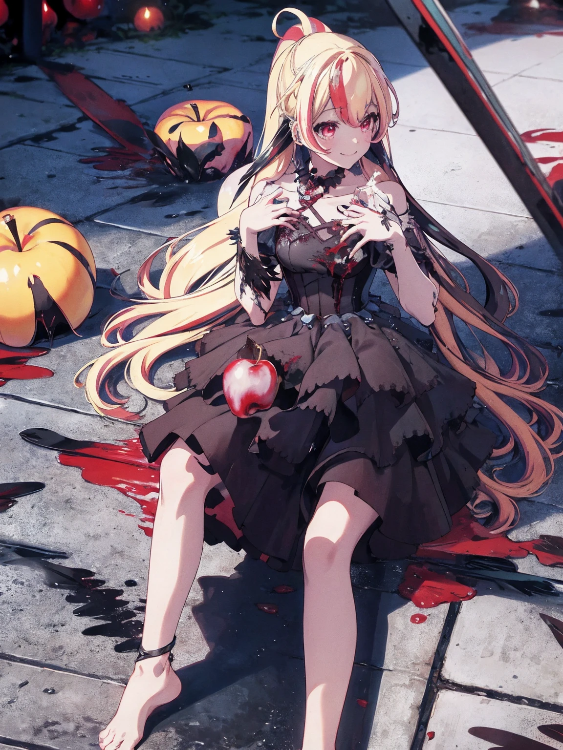 masterpiece、highest quality、1 girl、(black dress、barefoot、blood、dark atmosphere)、(skeleton、Black feathers、fearless smile、apple in hand)、night、fantasy、night空、Blood droplets、pool of blood
