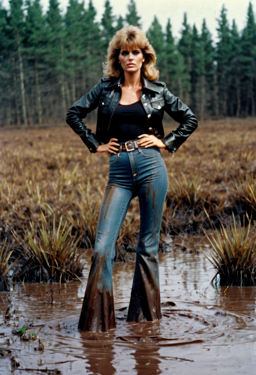 70s setting, film photo of woman in muddy worn-out high waist jeans and leather jacket and blouse drowning in bog, flares, provocative pose