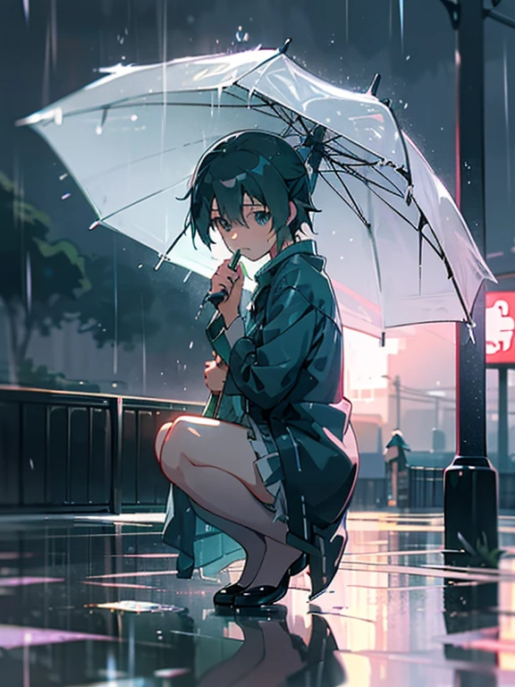 Miku squats at a bus stop.， lluvioso afuera, It's raining outside, Rainy days, lluvioso afuera,  Al estilo de Makoto Shinkai,  En a rainy day, escena de anime,  a rainy day, tokyo anime escena de anime，