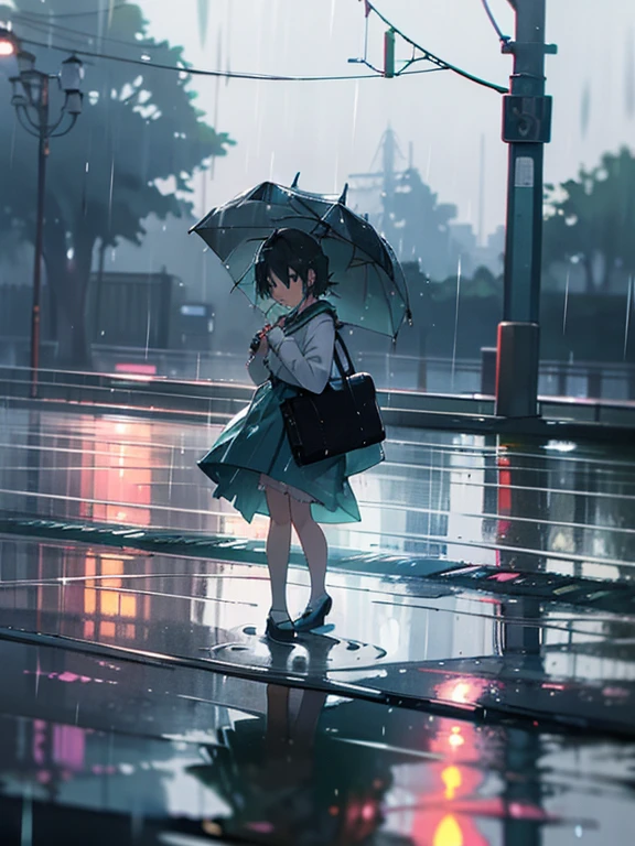 Miku squats at a bus stop.， lluvioso afuera, It's raining outside, Rainy days, lluvioso afuera,  Al estilo de Makoto Shinkai,  En a rainy day, escena de anime,  a rainy day, tokyo anime escena de anime，