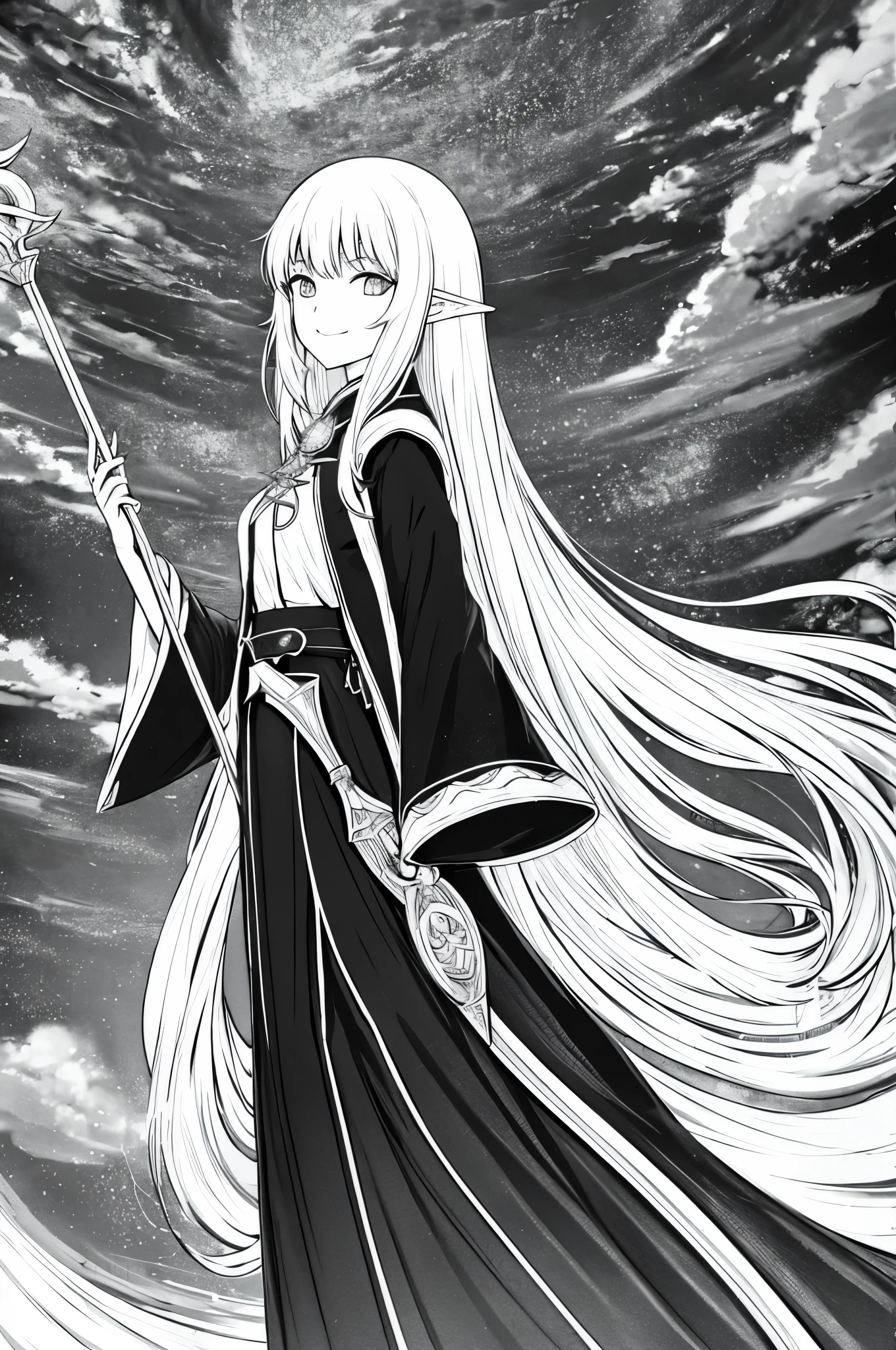 highres, (detailed:1.3), (anime quality:1.2), 1girl, solo, very long hair, pointy ears, mage clothes, holding staff, smile, nature background