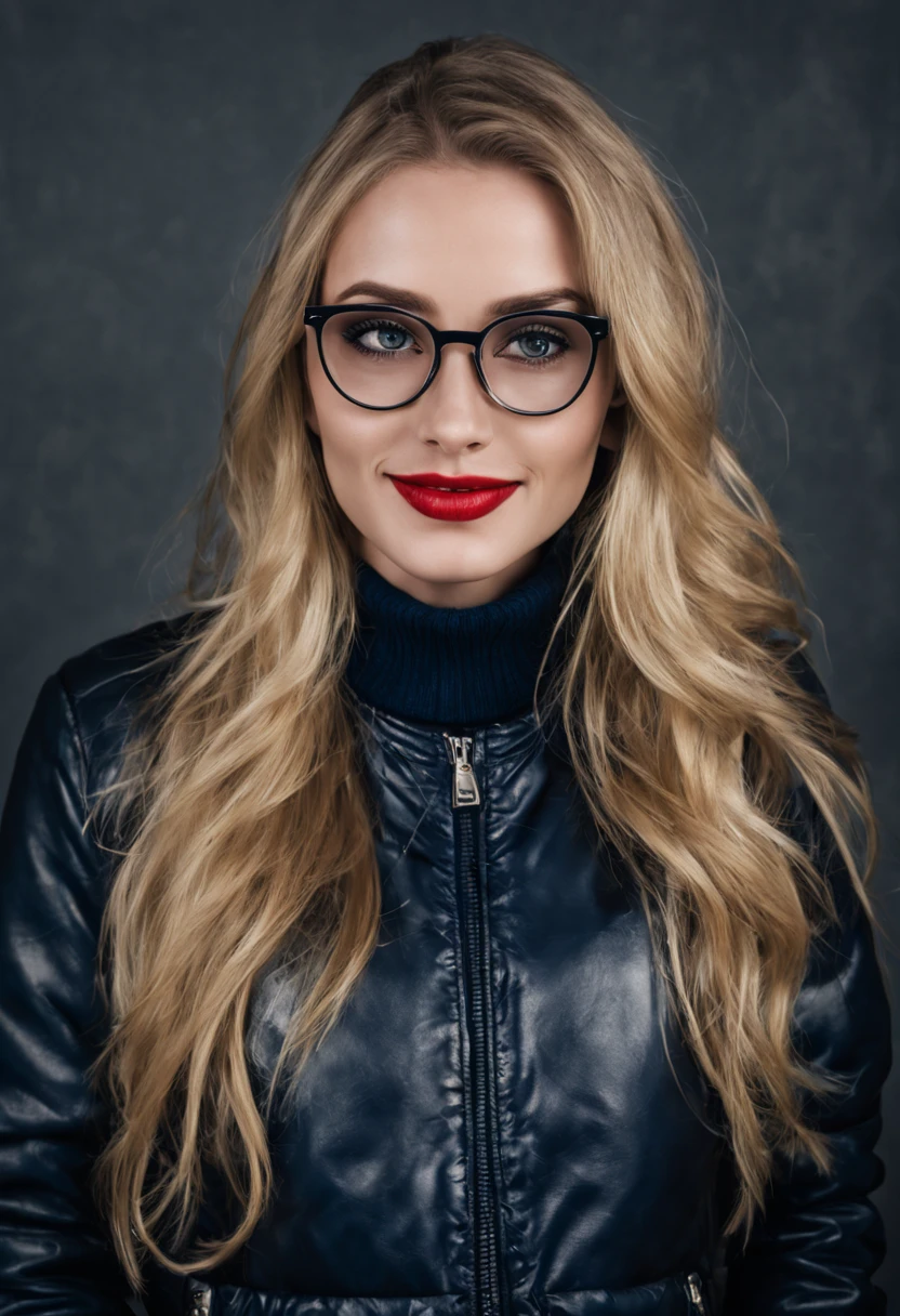 ultrarealistic high quality photo of a beautiful young tall busty european woman with cute face and natural blonde long hair and beautiful embarrassed smile, realistic eyes, freckles, glossy red lips, smokey eyes makeup, wearing black leather puffer jacket with dark blue pullover and black skinny jeans, mugshot photography, silver glasses