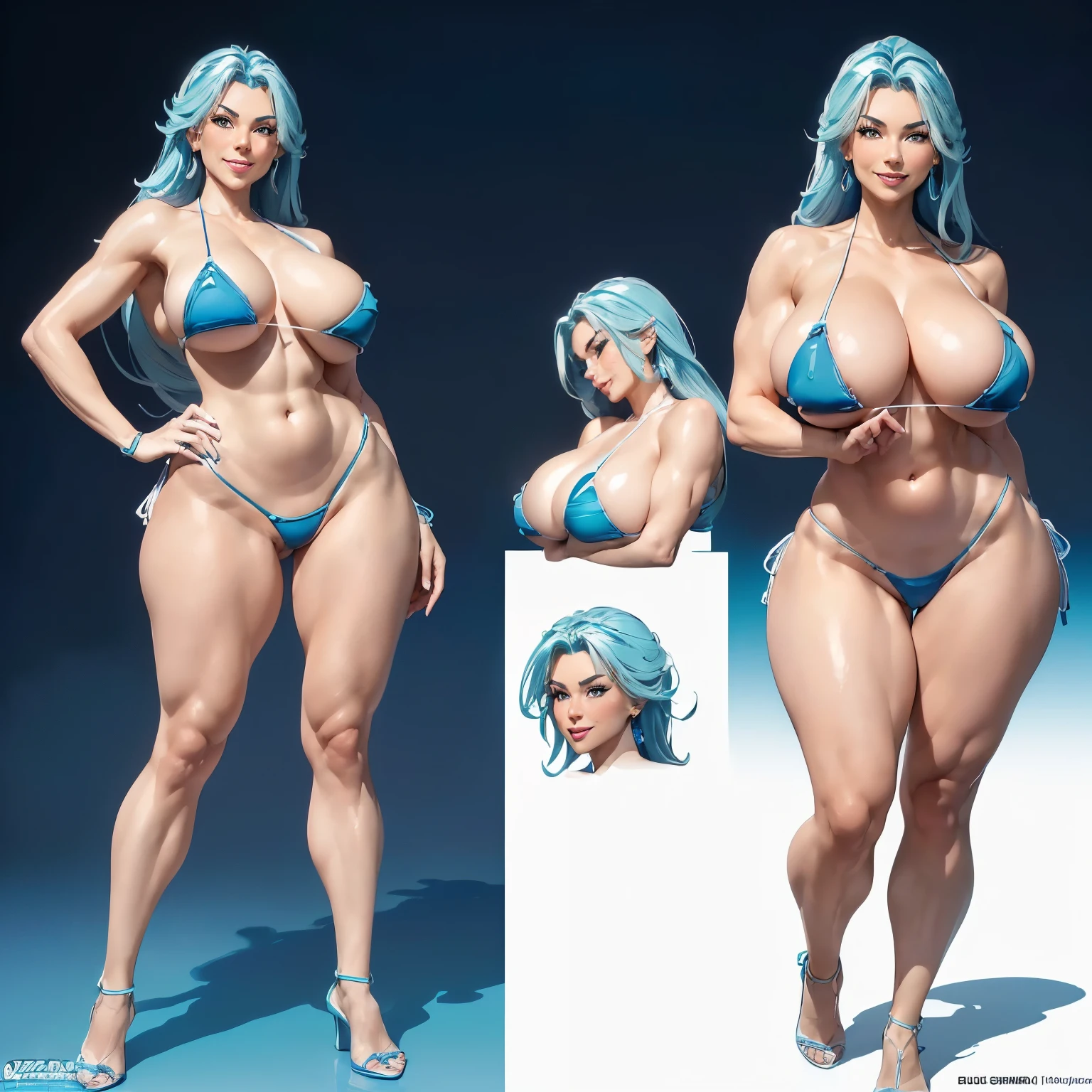 ((masterpiece)),(((best quality))),((character design sheet)), ((full body view)) illustration,1girl, muscular, ((blue micro bikini:1.5)), milf, ((detailed face:1.4)), beautiful woman, ((gigantic breasts:1.3), shiny skin, (wide hips:1.3), smile, pose, 8k,16k, (simple background, white background: 1.3), curvy body, mussels,