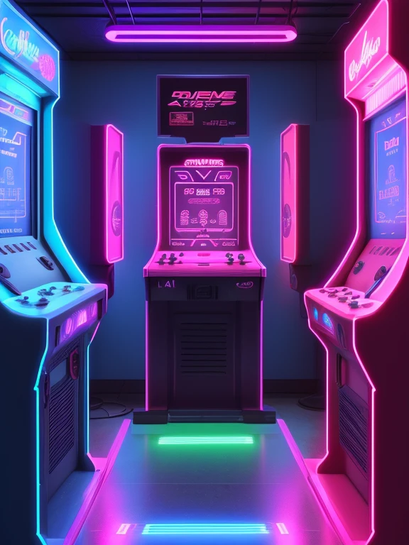 (k hd，obra maestra:1.2).Arcade ciberpunk。。。。。。，Large recreational machine,Jugar juegos para chicas，，3Drenderingde，neon light，