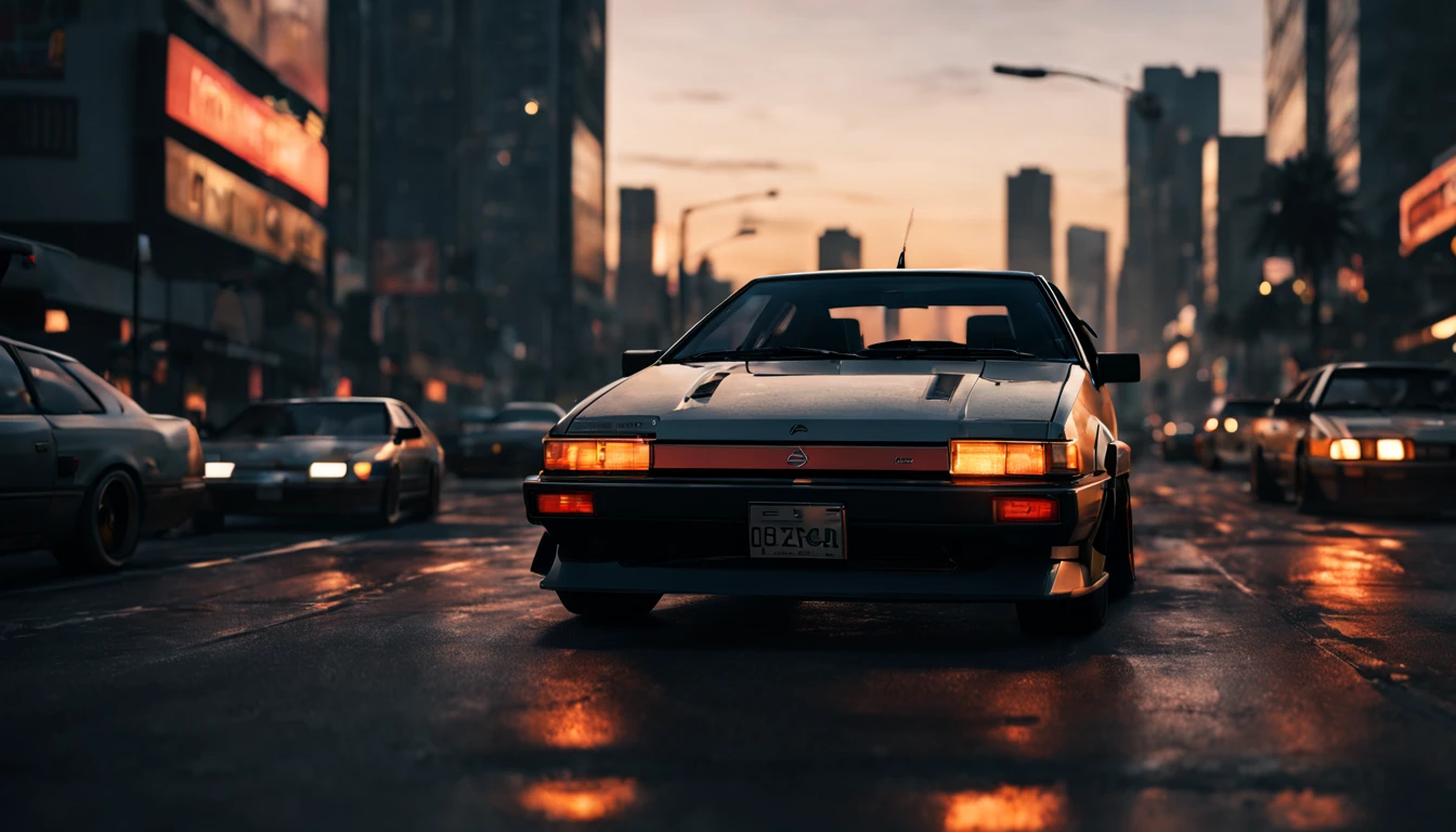(intrincated details:1.2), (photorealistic), (masterpiece), (photography), cinematic lighting,
ae86, cyberpunk city, car, ground vehicle, motor vehicle, no humans, scenery, solo, vehicle focus, sunset,