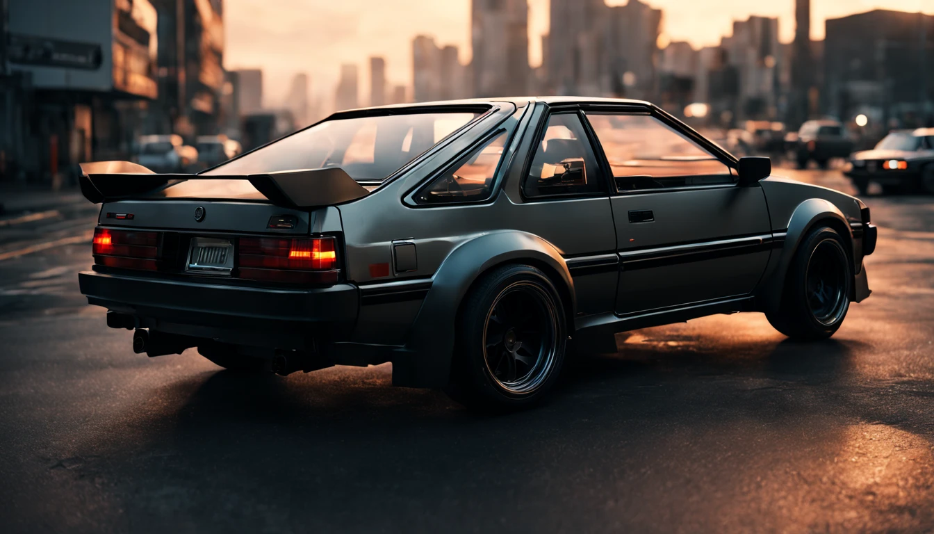 (intrincated details:1.2), (photorealistic), (masterpiece), (photography), cinematic lighting,
ae86, cyberpunk city, car, ground vehicle, motor vehicle, no humans, scenery, solo, vehicle focus, sunset,