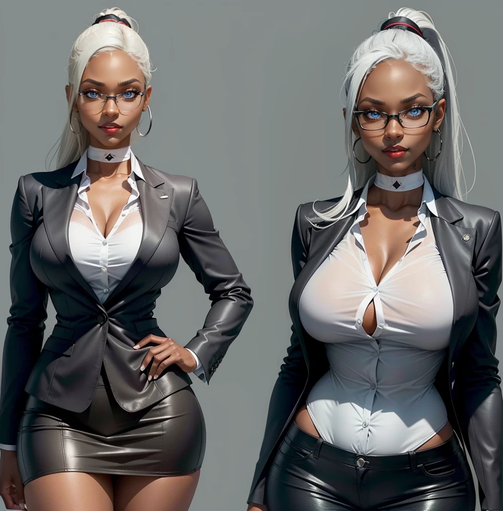 ((Masterpiece, Highest quality)), Detailed face, (character design sheet), full bodyesbian, Full of details, frontal body view, back body view, Highly detailed, Depth, Many parts, Multiple poses and expressions (mature woman with long ponytail grey hair) (light blue eyes), 35 years old, (name:Alexa Summer) ,dominant gorgeous girl, same character, muscle body, (Ebony:1.4), dark skinned girl, evil smile, angry expression red lips, (business suit), girl tall, chokers, (Sexy Office Lady ), tattoos, glasses, short black skirt, white shirt, pantyhose, stocking