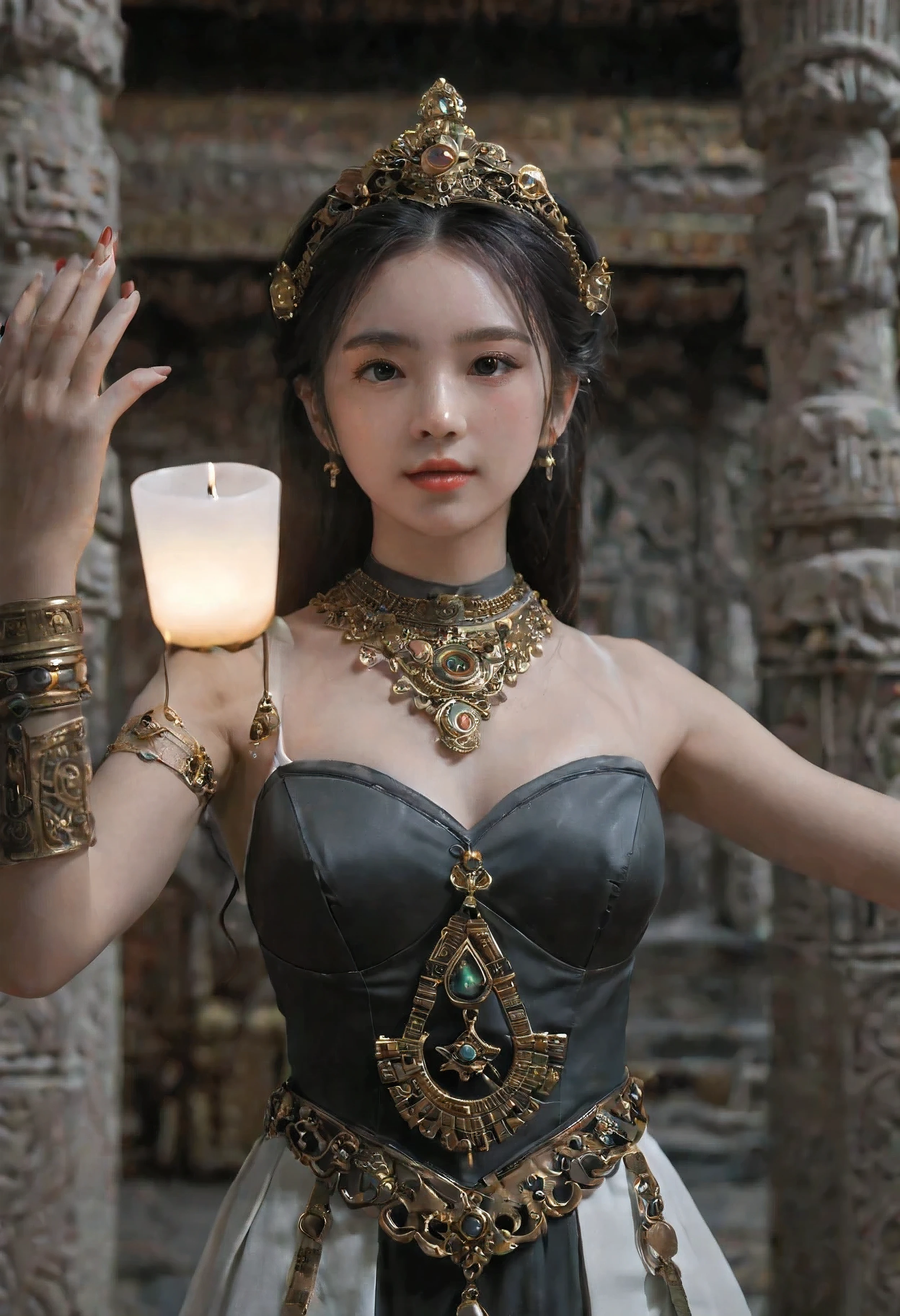 (Masterpiece in maximum 16K resolution:1.6), (intricate detail:1.4), (extremely insane detail:1.4),(highest quality:1.3),(Hyper_realistic:1.3). | ((Soft_color_tones):1.3),Clear light, Edge lighting, Perfect image, 16k UE5,editorial photograph, superfine, Product photography, Depth of field, Nikon D850, Ultra-realistic, no contrast, clean sharp focus, professional, No blurring. | ((Ancient underground temple):1.3), ((Ancient temple as main focus):1.2), Very dark place that with torchlight, as delicate torchlight lit the environment around, ancient ornament everywhere, great environment, subtly dark,ancient art behance,surreal, It gives a majestic aura. | (A pretty female priest):1.3), {The camera is positioned very close to her, revealing her entire body as she adopts a dynamic_pose, boldly moving around the scene in an exciting way} | She is adopting a ((dynamic_pose as interacts, boldly moving a exciting way):1.3), ((perfect_pose)), ((perfect_pose):1.5), (((full body))), ((perfect_fingers, better_hands, perfect_hands, perfect_legs)), ((perfect_fingers, better_hands, perfect_hands, perfect_legs):0.7), (((More_Detail))).