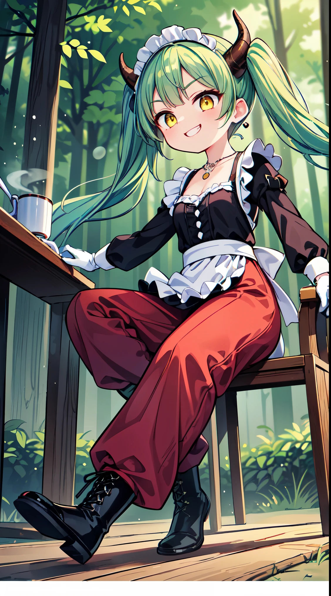 (super fine illustration:1.2),(masterpiece, 8k), (best quality, high quality:1.4), perfect anatomy, hyper detailed, ultra detailed,masterpiece background,beautiful detailed background, v8k wallpaper,perfect design,award-winning art,atmospheric,


BREAK, 1 beautiful girl, (17 year old girl),alone,(cute:1.5),(Little:0.6),(cute:1.5),(change:0.5),break, :d, (twin tails, green hair, horn, long hair:1.35), (yellow eyes, double, slanted eyes:1.45), blush, double teeth, ((D cup breasts))), heart, sight, maid, /maid dragon/, dragon tail, (long eyelashes, double eyelids, thin eyebrows:1.2), alone, glowing skin, beautiful skin, beautiful skin, (highest quality face), (highest quality slanted eyes), maid outfit, gloves, open your mouth, short sleeve, smile, white gloves,(The best smile,smug face:1.45),


BREAK, ((long sleeves), (long pants, boots, ), detailed frilled camisole), (red skirt, detailed laced skirt), (tiara, necklace, earrings), BREAK,chair, outdoor, girl,long sleeves, long pants, boots, mug, night, stars, forest, tent, 1girl, night,stars, (forest:1.2), (chair:1.2), (outdoor:1.2),mug, (night:1.2), (tent:1.2), look up,smile,



BREAK,wakame,wakame,wakame,(dynamic pose,from front:1.5) 


BREAK,(Blurry background:1.3),(absurderes, hight resolution, Super Detail Art),cel shading,Clear Color, Lonely optical effect, Beautiful pictures, Bright glow, mystic atmosphere,(Close-up of girl:1.1), Mystical light particle effect,manga influence, clean line drawings, 
 