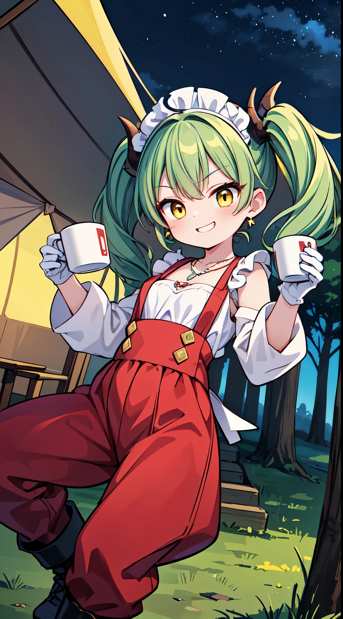 (super fine illustration:1.2),(masterpiece, 8k), (best quality, high quality:1.4), perfect anatomy, hyper detailed, ultra detailed,masterpiece background,beautiful detailed background, v8k wallpaper,perfect design,award-winning art,atmospheric,
BREAK, 1 beautiful girl, (17 year old girl),alone,(cute:1.5),(Little:0.6),(cute:1.5),(change:0.5),break, :d, (twin tails, green hair, horn, long hair:1.35), (yellow eyes, double, slanted eyes:1.45), blush, double teeth, ((D cup breasts))), heart, sight, maid, /maid dragon/, dragon tail, (long eyelashes, double eyelids, thin eyebrows:1.2), alone, glowing skin, beautiful skin, beautiful skin, (highest quality face), (highest quality slanted eyes), maid outfit, gloves, open your mouth, short sleeve, smile, white gloves,(The best smile,smug face:1.45),
BREAK, ((long sleeves), (long pants, boots, ), detailed frilled camisole), (red skirt, detailed laced skirt), (tiara, necklace, earrings), BREAK,chair, outdoor, girl,long sleeves, long pants, boots, mug, night, stars, forest, tent, 1girl, night,stars, (forest:1.2), (chair:1.2), (outdoor:1.2),mug, (night:1.2), (tent:1.2), look up,smile,
BREAK,wakame,wakame,wakame,(dynamic pose,from front:1.5)
BREAK,(Blurry background:1.3),(absurderes, hight resolution, Super Detail Art),cel shading,Clear Color, Lonely optical effect, Beautiful pictures, Bright glow, mystic atmosphere,(Close-up of girl:1.1), Mystical light particle effect,manga influence, clean line drawings,