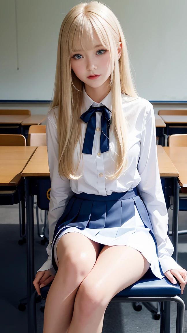 （Girl sitting on classroom chair，crossedlegs）、porate、bright expression、young and shiny white shiny skin、Best Looks、ultimate beauty girl、The most beautiful platinum blonde hair in the world、Shiny light hair,、Super long silky straight hair、Beautiful bangs that shine、Sparkling crystal clear and charming blue eyes、Very nice and lovely  girl、Medium bust、（Uniform dark blue flared skirt）、（up skirt）、（（No bra））（（Hide with both hands,））