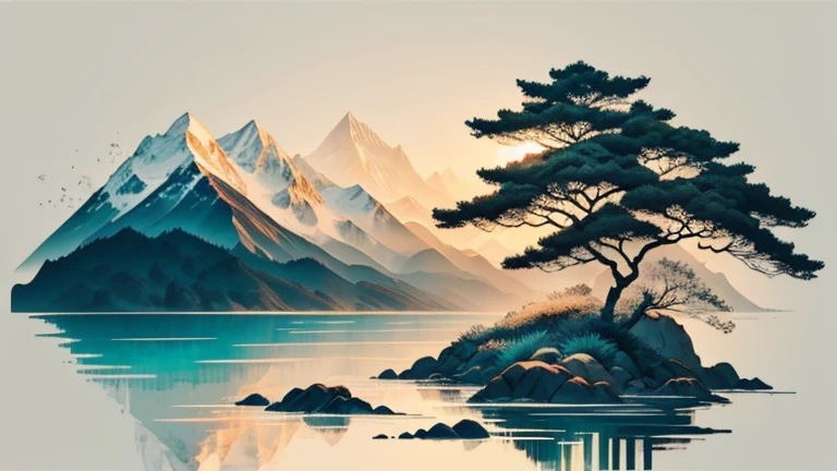 best quality,high quality, white background, scenery, ink, mountains, water, trees, tropical forest,