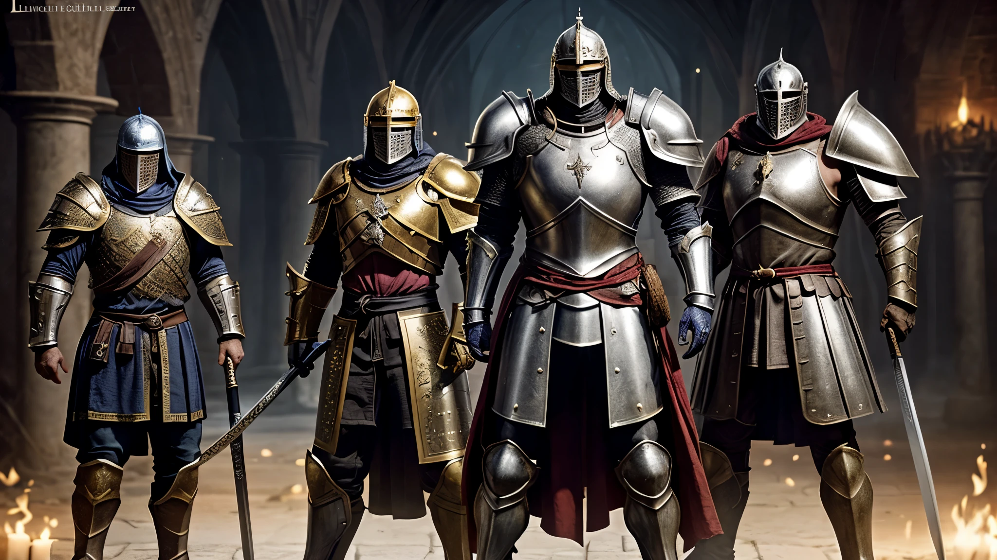 A man and his friends in armor stands in the hall with a sword, full portrait of magical knight, ares with heavy armor and sword, Fantasy warrior in full armor, paladin golden armor, arsen lupin as a paladin, Amazing 8K character concept art, for honor charector concept art, knight armored in red, Epic Paladin armor, holy crusader medieval knight