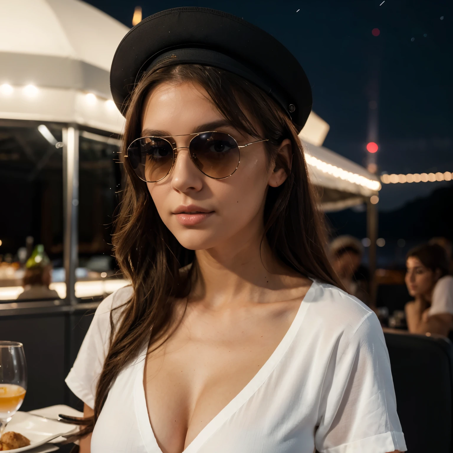 Full bodyaufnahme einer attraktiven libanesischen E-Girl-Frau lachend auf dem Yachtdeck, boat party with lots of people, Kardashian-Gesicht, mit hellbrauner Haut, Naturally, kein Make up, Naturally imperfections, schwarzes Haar, in Partyoutfit, weisses shirt, with sunglasses and sailor hat, Hintergrund Nacht, Aufgenommen mit einer Canon EOS R3 mit RF 1200mm f8 L IS USM, Kamerawinkel von der Seite und von unten, Naturally light, Full body, realistische Fotografie, Hyperdetail, UltraHD, UltraHD, HDR, - no bad hands, keine Lampen