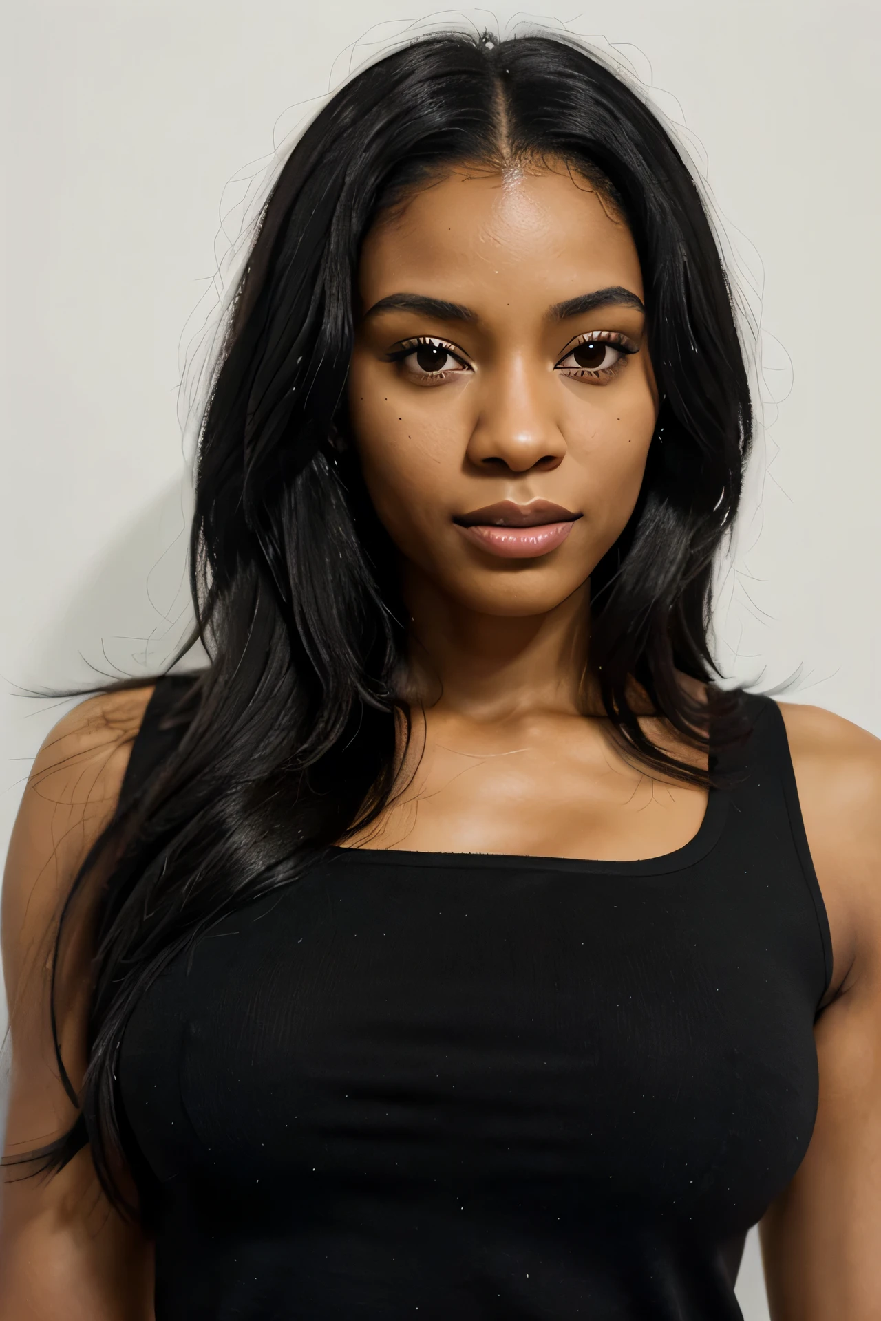 African American woman, A half body, Very beautiful and elegant African American woman, 30 yo，55 kg, Sexy, Jet black hair, Black hair color, Perfect hair, Fine strands of hair, detail in face, She shot against a white wall background