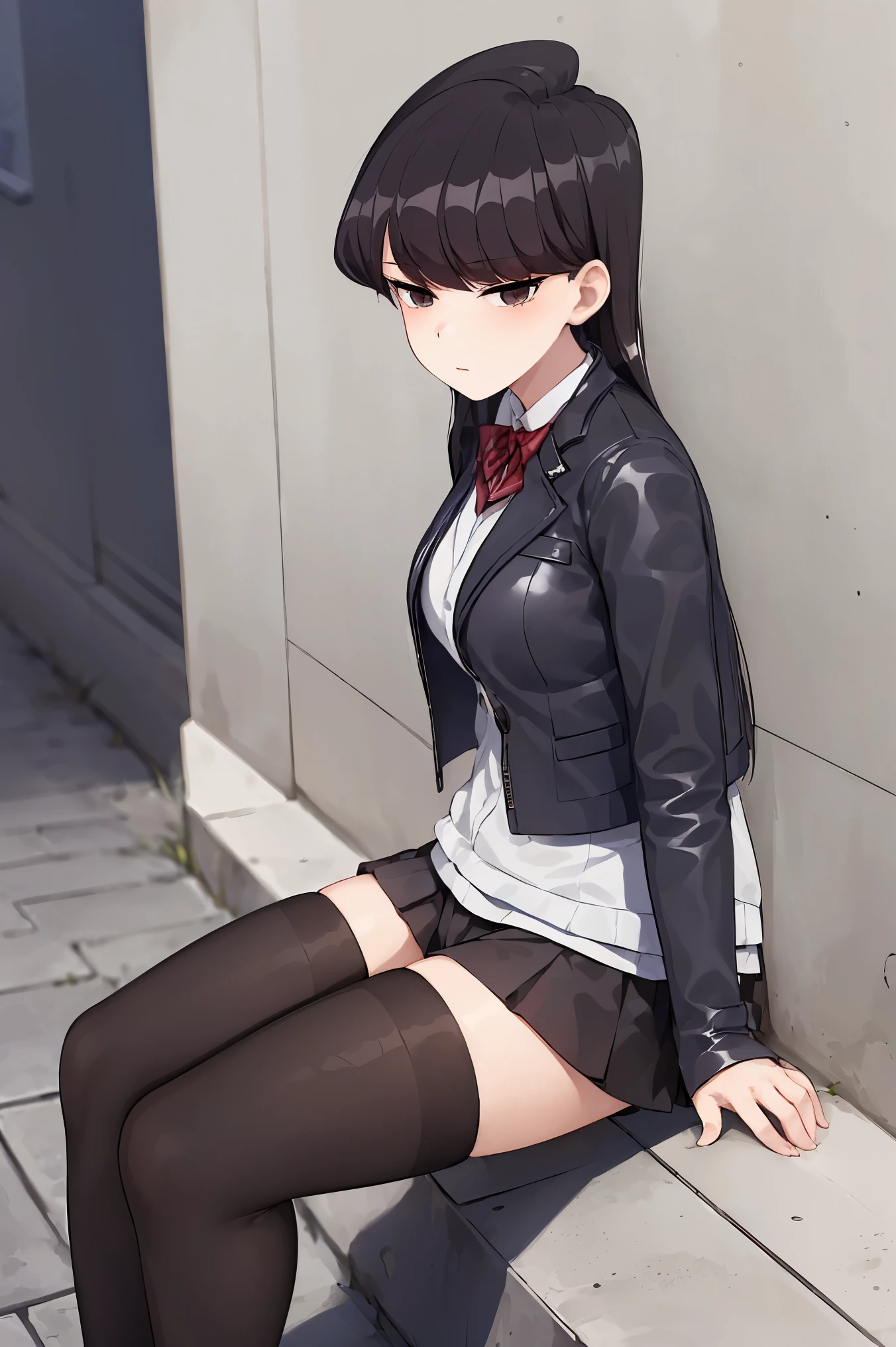 masterpiece, best quality, 1girl, solo, komi-san wa komyushou desu, black leather shorts, white short, black leather jacket, sitting, looking at viewer, street, wall, cowboy shot