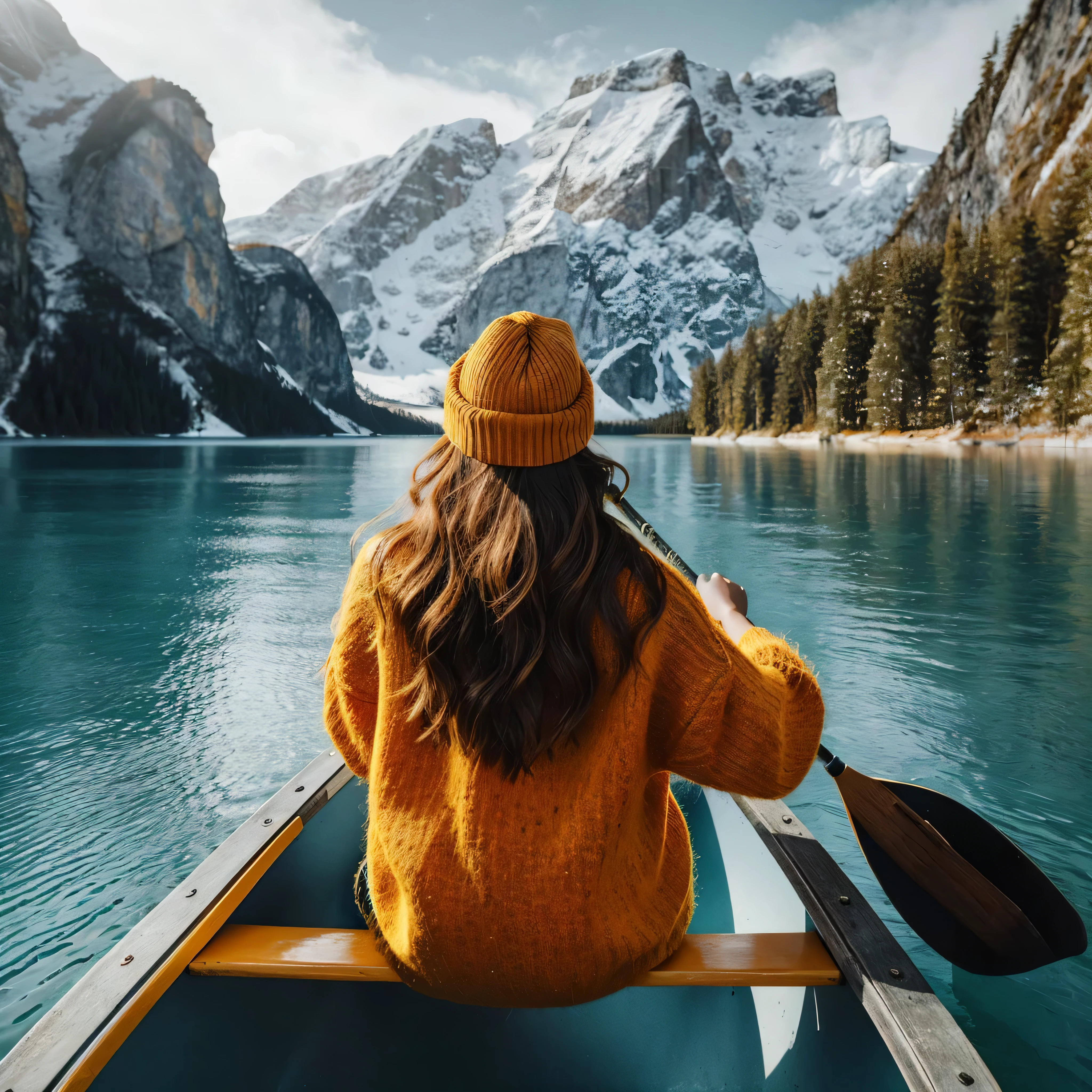 a woman in a yellow sweater and a hat is paddling a canoe, on a boat em um lago, Olhando para as montanhas, Vencedor do concurso Pexels, gazing at the water, canoa, sentado em frente a um lago, trends on pexels, em um lago, Top Selection no Unsplash, Viagem e Aventura, Foto vencedora do concurso Unsplash, winter lake setting