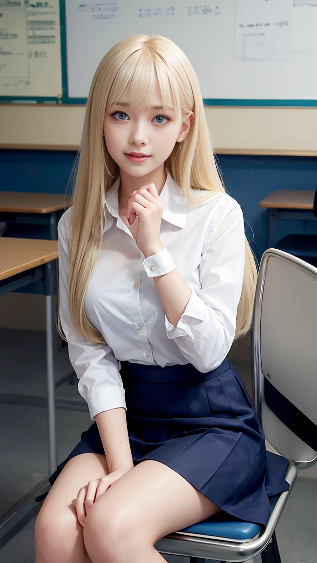(Girl sitting on classroom chair,crossedlegs)、porate、bright expression、young and shiny white shiny skin、Best Looks、ultimate beauty girl、The most beautiful platinum blonde hair in the world、Shiny light hair,、Super long silky straight hair、Beautiful bangs that shine、Sparkling crystal clear and charming blue eyes、Very nice and lovely 16 year old girl、Medium bust、(Uniform dark blue flared skirt)、(up skirt)、((No bra))((Hide with both hands,))