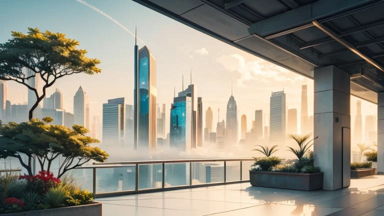 best quality,high quality, white background, scenery, ink, a futuristic cityscape, with towering skyscrapers that curve and twist in graceful lines. The buildings are made of a variety of materials, including glass, steel, and concrete. They are covered in lush greenery, with trees and plants growing on their sides and rooftops. The city is bathed in a warm, golden light, and the sky is a clear blue.