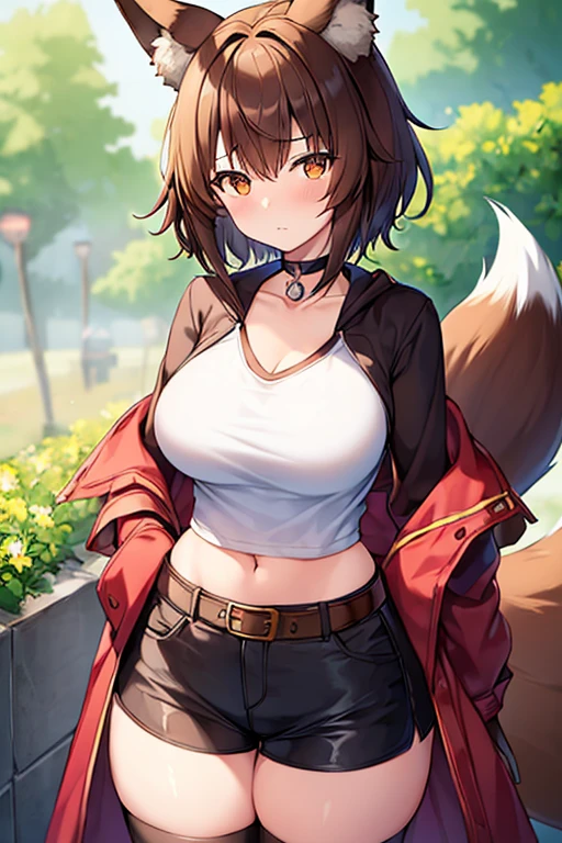 1girl, brown hair, very short hair, blue eyes, fox ears, animal ear fluff, fox tail, large breasts, wide hips, thick thighs, cropped shirt, shirt, white shirt, cropped jacket, jacket, brown javket, shorts, brown shorts, belt, forest, hourglass figure, pixie cut