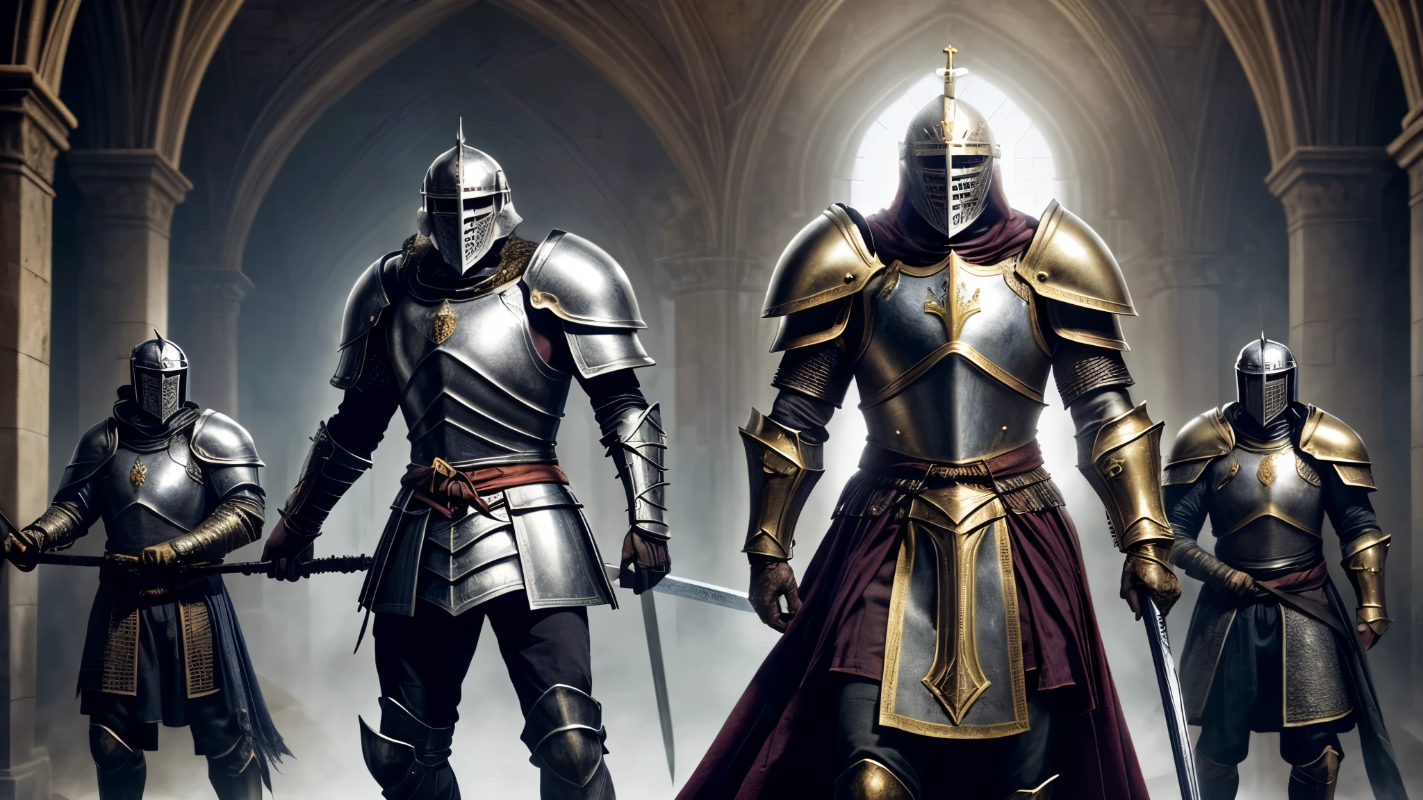 A man and his friends in armor stands in the hall with a sword, full portrait of magical knight, ares with heavy armor and sword, Fantasy warrior in full armor, paladin golden armor, arsen lupin as a paladin, Amazing 8K character concept art, for honor charector concept art, knight armored in red, Epic Paladin armor, holy crusader medieval knight