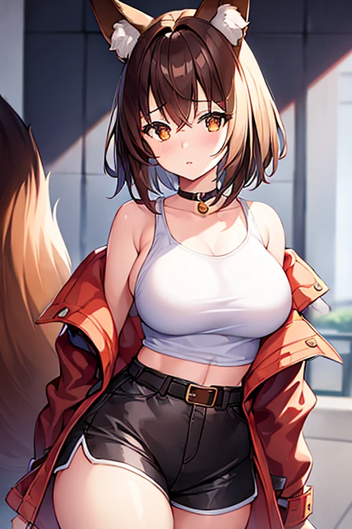 1girl, fox ears, fox tail, brown hair, very short hair, parted lips, breasts, large breasts, thick thighs, belt, cropped shirt, cropped jacket, brown jacket, white shirt, black shorts, shorts, choker, innocent, shy, timid