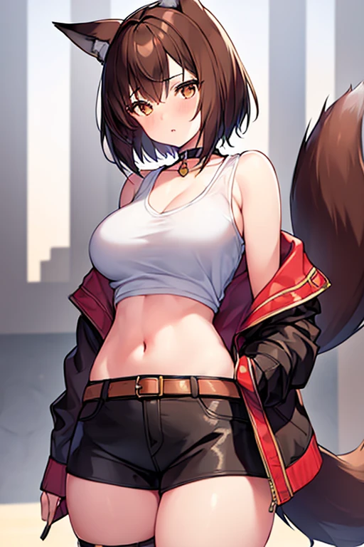 ((Best quality, masterpiece)),(fox kemonomimi, ahoge, short blonde hair, 20 years, tall perfect body), long fox ears, long fox tail, ((off shoulder black jacket, white tank top, black dolphin shorts, thong straps, white thigh highs)), yellow eyes, (colossal breasts, thick thighs, wide hips, thick ass, plump ass, sexual), perfect anotomy, super sexy, hourglass figure, looking at viewer