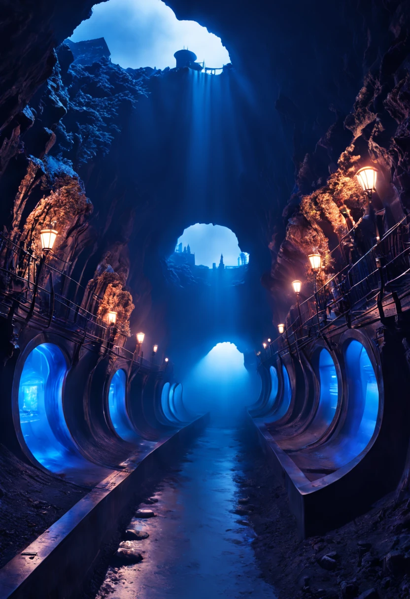 Aleksi Briclot, Johannes Voss, Steve Argyle; Underground City in the Clouds, Photograph Taken on Nikon D750, in an underground landscape, dynamic lighting, RTX, Ray Tracing, Intricate, Elegant, Digital Illustration, Scenic, Maximalist, Hyper-Realistic, Hyper-Detailed, Vibrant Color, vivid, 8k
