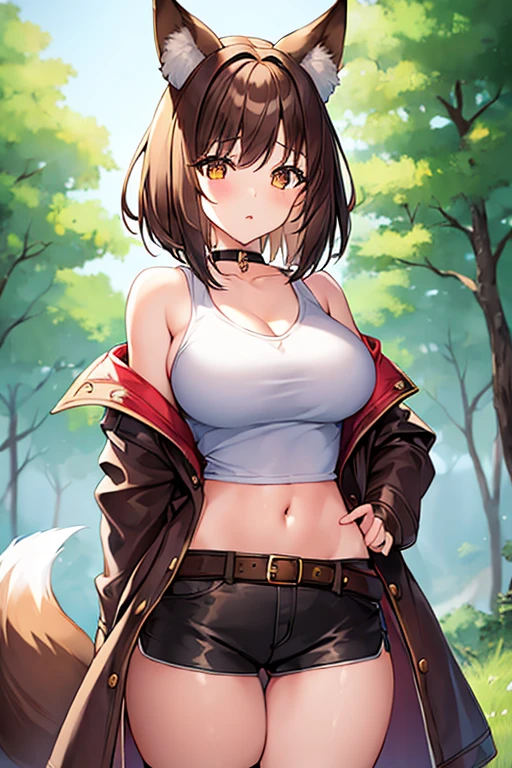 1girl, fox ears, fox tail, brown hair, very short hair, parted lips, breasts, large breasts, thick thighs, belt, cropped shirt, cropped jacket, brown jacket, white shirt, black shorts, shorts, choker, innocent, shy, timid, fantasy
