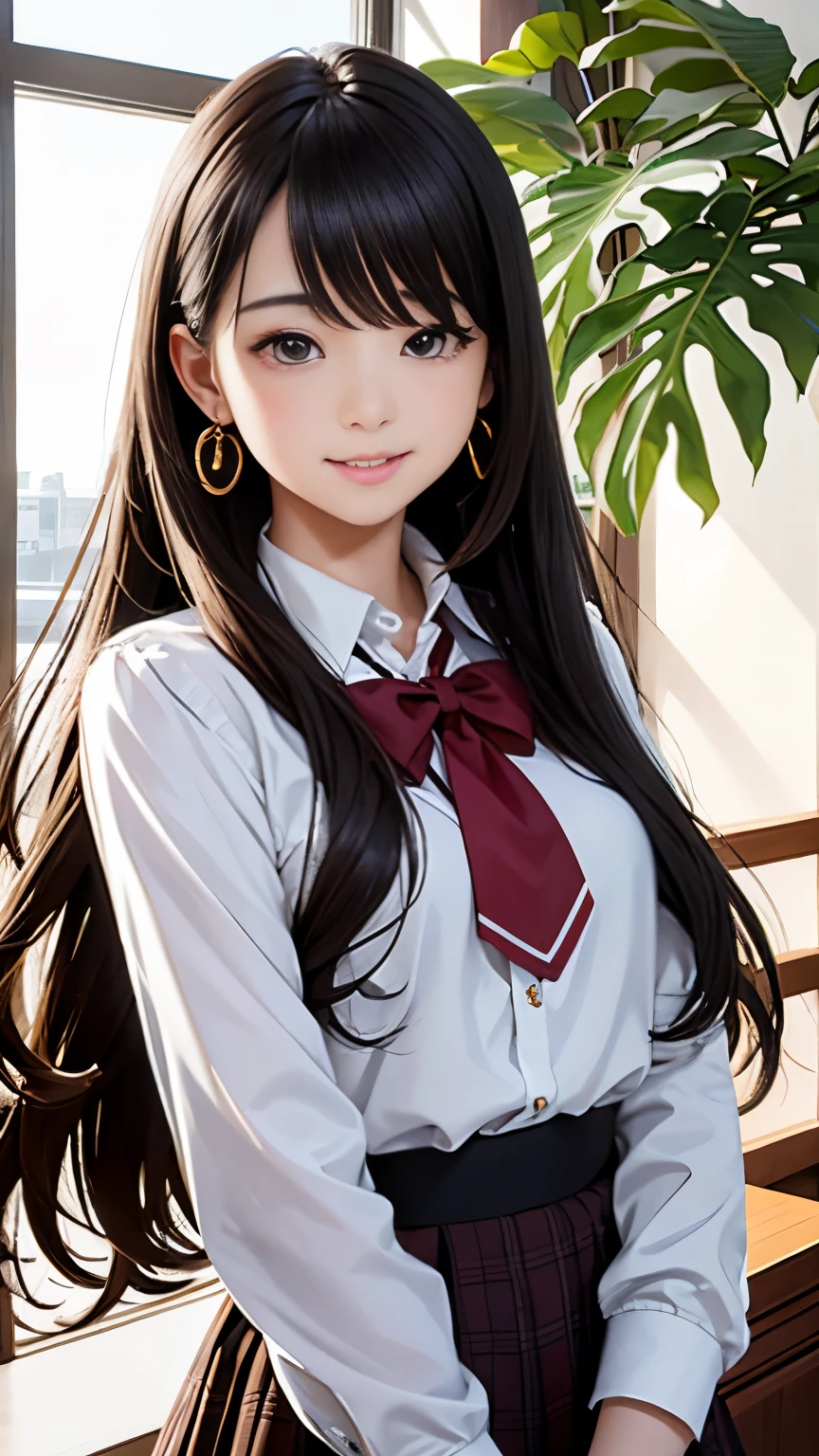 an unparalleled masterpiece、Ultra-realistic 8k CG、perfect artwork、wallpaper、1 Girl Girl Beautiful Girl、alone、beautiful face、high school uniform、hair ornaments、looking at the viewer、Put a smile on your face、closed your mouth、hair ornaments、headless、jewelry、earrings、Brown hair long hair、◯◯ hairstyle、((:1.5))