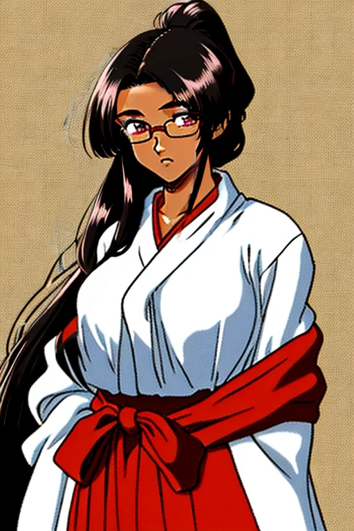 long thick black hair tied in high ponytail, parted bangs