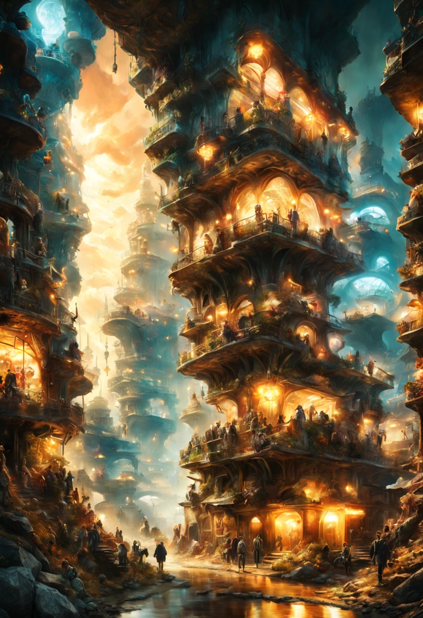 Aleksi Briclot, Johannes Voss, Steve Argyle; Underground City in the Clouds, Photograph Taken on Nikon D750, in an underground landscape, dynamic lighting, RTX, Ray Tracing, Intricate, Elegant, Digital Illustration, Scenic, Maximalist, Hyper-Realistic, Hyper-Detailed, Vibrant Color, vivid, 8k