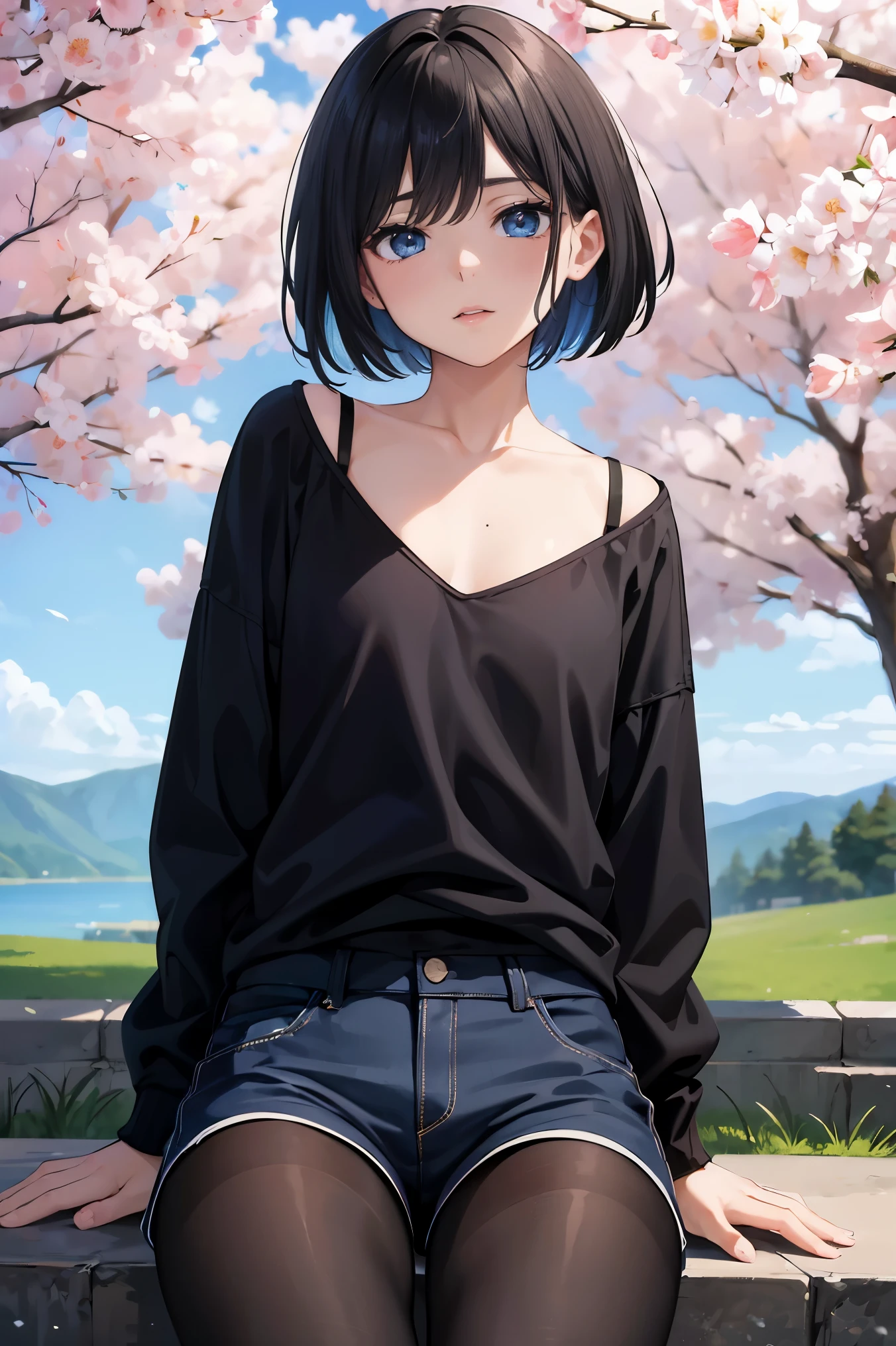 masterpiece:1.2, best quality, ((ultra detailed)), high resolution, 2d, anime style , photo, photography, detailed background, (1boy,otoko no ko, feminine),cute face,short hair,bob cut,(black hair),flat chest, BREAK solo,(droopy eyes:1.3),,((blue eyes;1.2 )), beautiful thighs,embarrassed,shy, BREAK ((hair is blowing in the wind)),cowboy shot,sitting,wariza,oversized shirt,black pantyhose,shorts BREAK pastel colors:1.4, solid paint:1.2, saturated color, contour