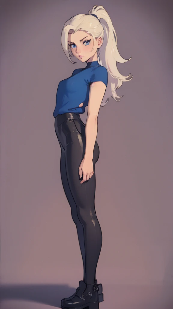 absurdres, [perfect shadows and lighting], incredible high-key lighting, masterpiece, high quality, detailed, extremely detailed, ambient soft lighting, 4K, 1girl, , full body, leggings, thieves leather armor, cute fit, standing pose, arms at sides, simple background, blue eyes, white hair, blonde hair, arms behind back, high ponytail, looking at viewer