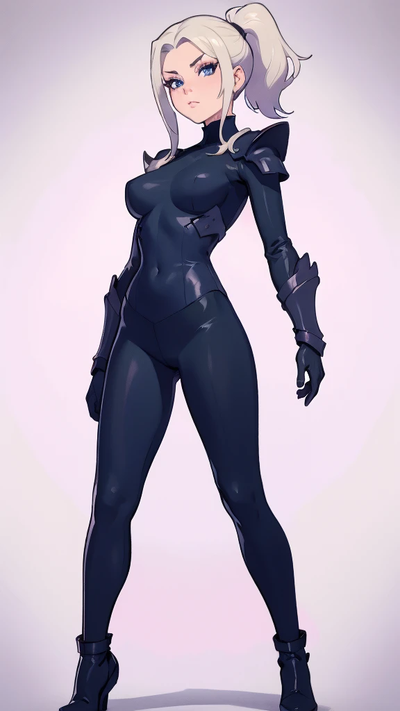 absurdres, [perfect shadows and lighting], incredible high-key lighting, masterpiece, high quality, detailed, extremely detailed, ambient soft lighting, 4K, 1girl, , full body, leggings, thieves leather armor, cute fit, standing pose, arms at sides, simple background, blue eyes, white hair, blonde hair, arms behind back, high ponytail, looking at viewer