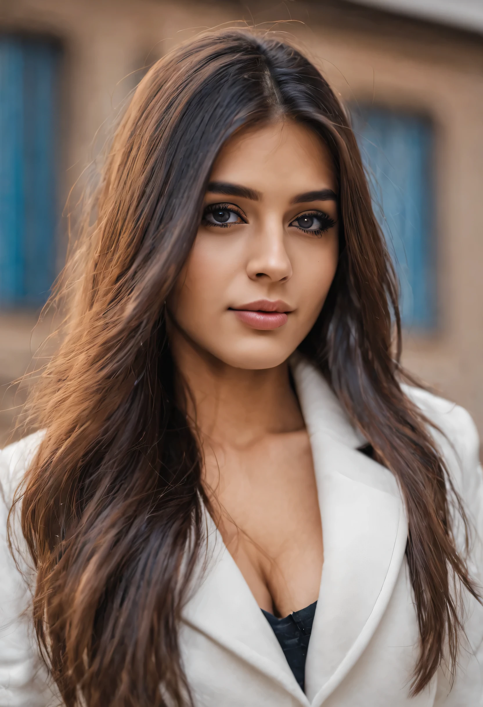 a close up of a woman with long hair wearing a white jacket, showing rounded breast girl cute-fine-face, young adorable indian face, very beautiful girl, young cute indian face, young cute face, very pretty face, beautiful girl model, popular indian makeup,cute girl