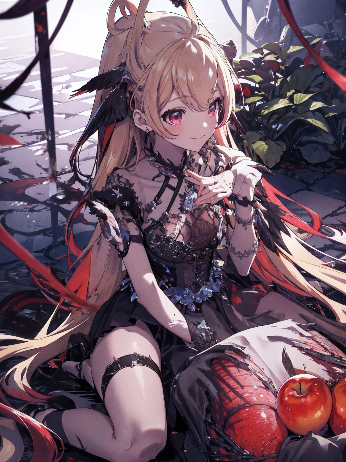 masterpiece、highest quality、1 girl、(black dress、blood、dark atmosphere)、(skeleton、Black feathers、fearless smile、apple in hand)、night、fantasy、night空、Blood droplets、pool of blood、face close up